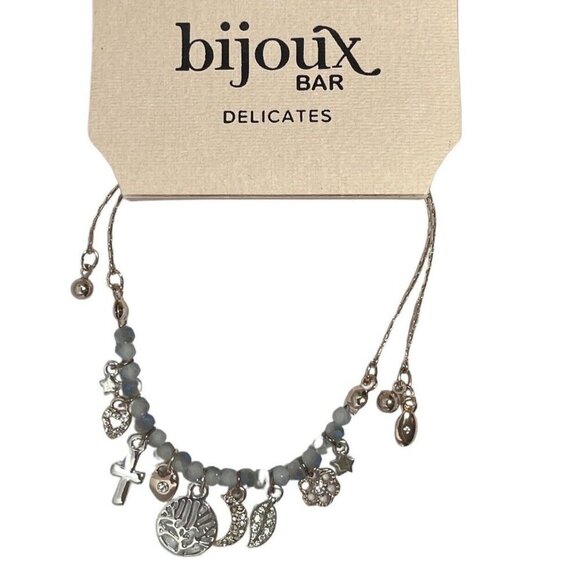 BIJOUX BAR Delicates Silver Tone Beaded Boho Bracelet Cross Heart 11" Charms NEW - Picture 2 of 5